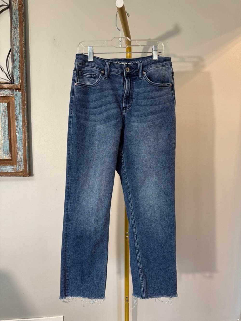 Max Studio dark Washed Blue Straight cropped Jeans raw hem